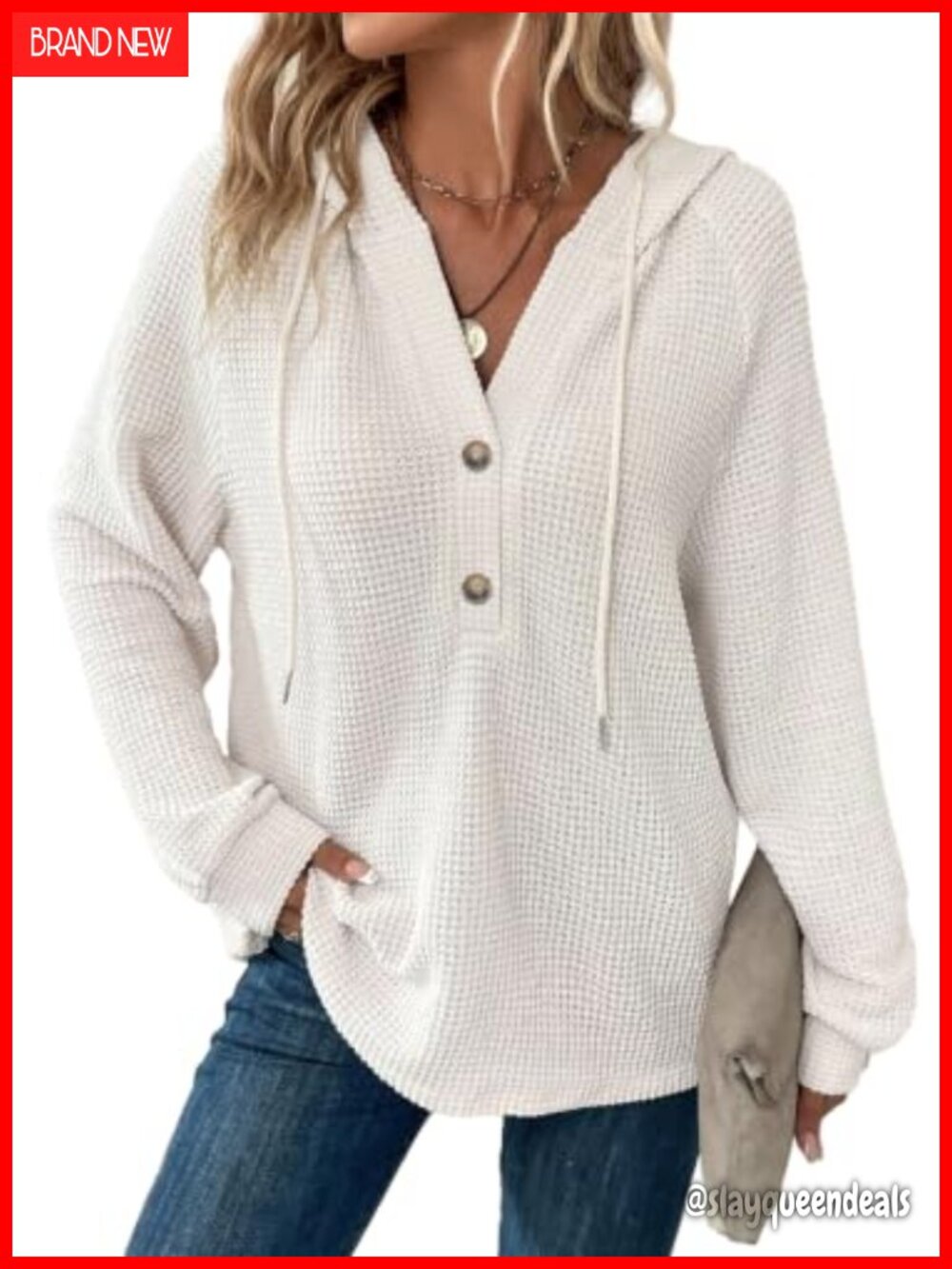 Waffle Knit Hoodie Button V Neck Pullover Oversized Sweatshirt